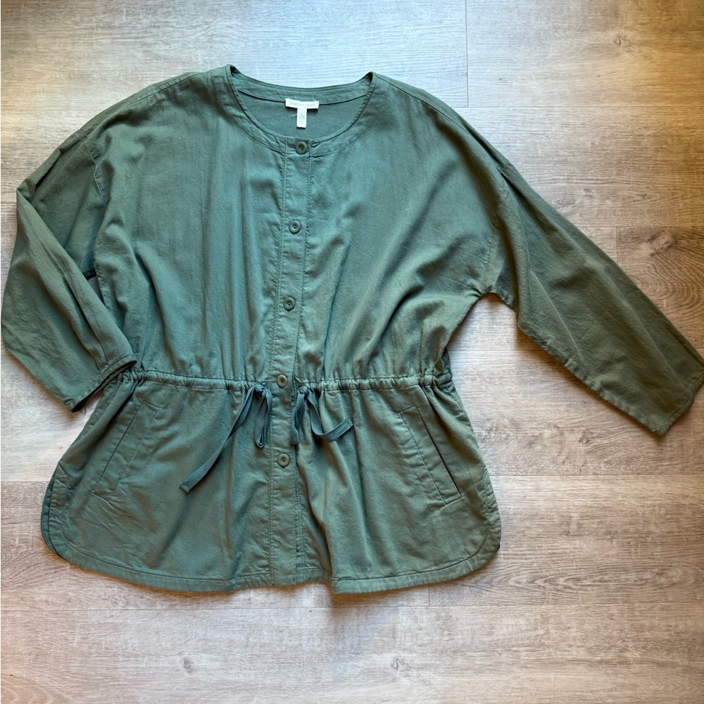 Eileen Fisher Nori Organic Cotton Twill Drawstring Jacket Size L In Olive Green - Picture 2 of 9